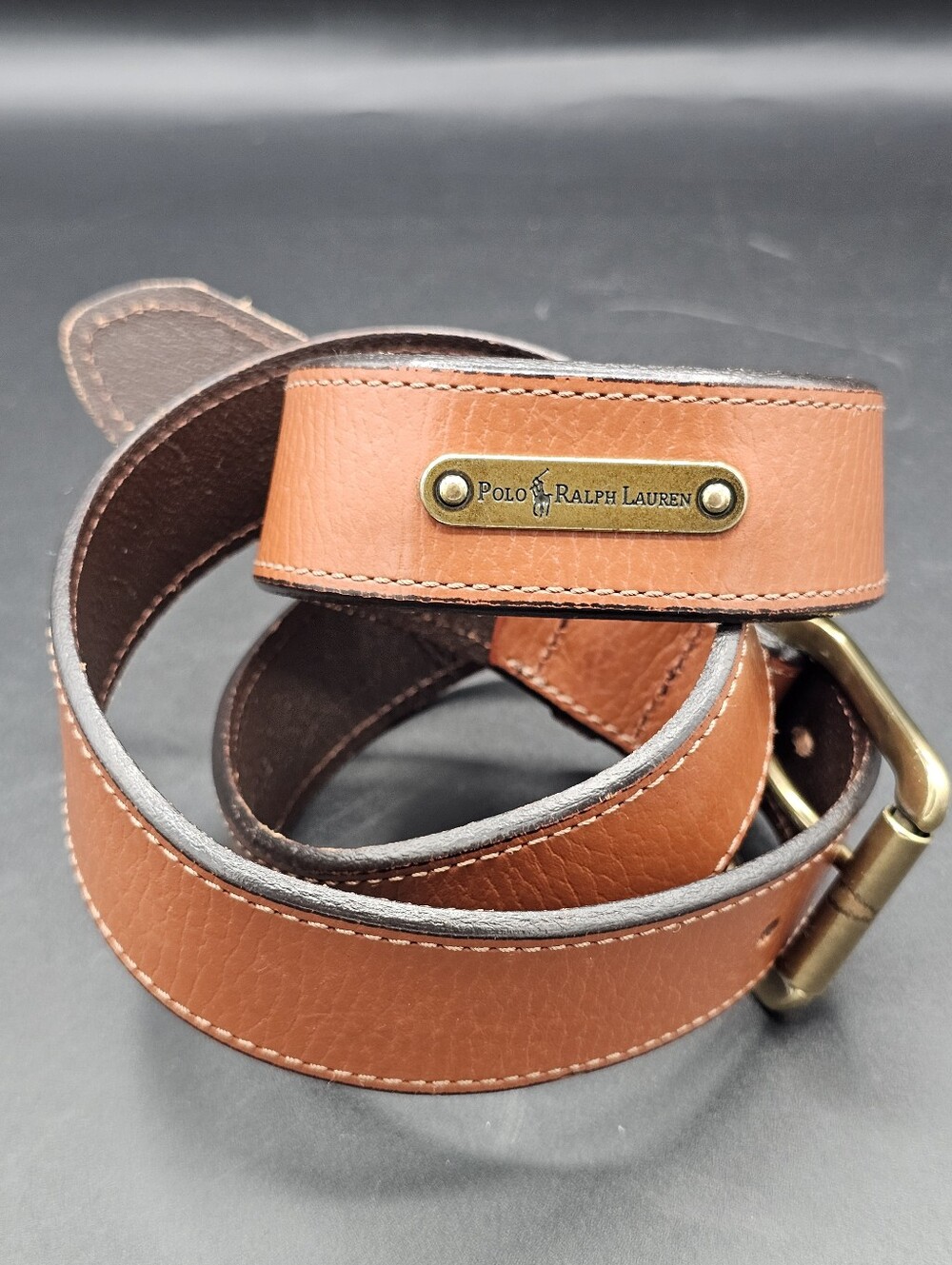 Vtg Polo Ralph Lauren Leather Belt Brass Logo Brown Men 36 Classic Old Money